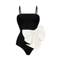 Chic black one-piece swimsuit with slim straps and a large white side bow detail - S / One-Piece Swimsuit