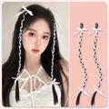 Set of 2 black and white braided hair extensions with cute bows for women's high ponytail - Ear-hanging Extension - 2PCS / White Ribbon Hair Clip