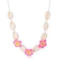 Collar bohemio con flores de plumeria rosa y conchas blancas de caracol cauri - Rosa Rojo