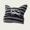 Striped black and grey crochet cat ear beanie with white bow accent for winter - One Size / Gray with Bowknot