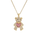 Gold bear pendant necklace with heart-shaped pink cubic zirconia and micro-set crystals - Gold-Red Heart