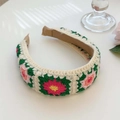 Crochet headband with floral embroidery in beige, pink, and green for women - Rose Red Sunflower Crochet Headband
