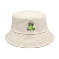 Beige cotton bucket hat featuring a cute cartoon frog and mushroom embroidery for outdoors - M(56-58cm) / Beige