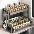 Black double-layer metal kitchen spice rack with dimensions 45cm width and 40cm height - 2-Layer Gun Grey 45CM (Main Rack) + 4 Hooks