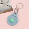 Blue leather key ring holder with cute green cactus design and metal carabiner - Snap Button Style - Cactus Ball