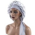 Silver grey satin sleep bonnet with wide elastic band and long ribbon for hair care - Medium / Gray