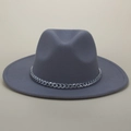 Classic grey wool fedora hat with a stylish silver metal chain band for women - M (56-58cm) / Gray