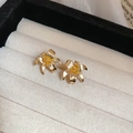 Macro detail of lily flower earrings with golden brushed texture in a jewelry box - Gold