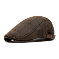 Retro brown leather flat cap with adjustable metal buckle and ventilation eyelets - Coffee