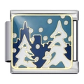 Italian charm link with winter city landscape and white Christmas trees in gold frame - Christmas Winter City Style (ICJ924-1)