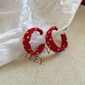 Chic red fabric-wrapped hoop earrings with classic white polka dots and silver needle posts - 58# Silver Earring Post - Red