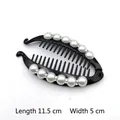 Black banana hair clip with white pearls and sparkling rhinestones for women, 11.5cm length - Medium Wide