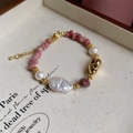 Baroque pearl and pink stone beaded bracelet with golden adjustable chain - Baroque Pearl Rhodonite Bracelet