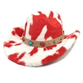 Détails du chapeau de cowboy en peluche à motif vache avec une bande perlée - M (56-58cm) / Couronne Plate / Motif Vache Rouge et Blanc