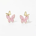 Elegant gold butterfly stud earrings with sparkling pink cubic zirconia in dual design - Pink