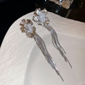 Dettaglio di orecchini a fiore in argento con perle di zircone e nappine metalliche - Ago in Argento Placcato Oro Vero 18K / Argento