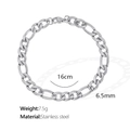 Pulsera de cadena Figaro Cuban de acero inoxidable plateado, longitud 16cm y anchura 6,5mm - Estilo Grueso / Plateado / 16cm