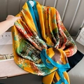 Elegant long silk scarf in bright yellow with blue borders and artistic floral patterns - 90*180cm / Yellow