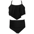 Maillot de bain deux pièces noir pour filles avec haut à volants et bas taille haute - 104 / Ensemble Noir Volants Froncé