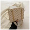 Chic beige monogram tote bag with gold chain handles and wide fabric shoulder strap - Off White