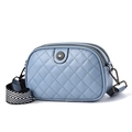 Blue-grey quilted crossbody bag with a patterned wide strap and double zipper detail - Blue