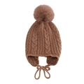 Detail of coffee brown cable knit baby winter hat with large faux fur pom and earflaps - One Size / Khaki
