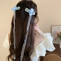 Light blue flower hair clip with pearls and long white ribbons for elegant hair styling - 76# Claw Clip - Light Blue Streamer Flower Style