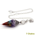 Detail view of 7 Chakra resin pendulum pendant with colorful natural stones and alloy cap - Antique Silver 7 Chakra