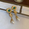 Vintage gold earrings with green zircon flower and white teardrop pearl pendant - Green Gemstone Flower Pearl Pendant (HE11504)