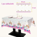Detail showing 86x51 inch unicorn party tablecloth with floral pattern and dimensions - Small Flower Unicorn Tablecloth