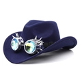 Detail view of dark blue felt cowboy hat featuring silver steampunk spiked goggles - Navy Blue