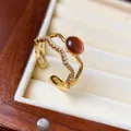Elegant gold-plated cat's eye and zircon double-layer open ring for women - Double Layer Gold Wave Red-Brown Cat Eye Style