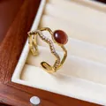 Elegant gold-plated cat's eye and zircon double-layer open ring for women - Double Layer Gold Wave Red-Brown Cat Eye Style