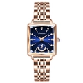 Montre carrée femme en or rose avec cadran bleu foncé soleil lune et index diamants - Bracelet en Acier Cadran Bleu
