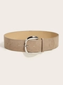 Detail of wide khaki suede belt with large silver metal buckle and soft texture - Silver Pin Buckle (5.8cm Wide) / Apricot