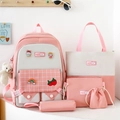 Five-piece school bag set including pink plaid backpack and tote bag for students - Five-Piece Set / Pink