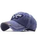 Vintage washed denim baseball cap with eagle embroidery and brown leather brim trim - L(58-60cm) / Navy Blue