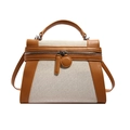 Brown leather and beige canvas Kelly bag with top handle and crossbody strap - Large / Brown