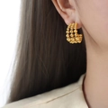 Elegantes pendientes de aro en C con triple fila de cuentas doradas para mujer estilo - Dorado