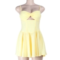 Detail of light yellow mini dress featuring chest twist knot and triangle cutout design - XS / Yellow