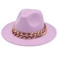 Close-up of a lavender wool felt fedora featuring a chunky rose gold chain detail - Taro Purple