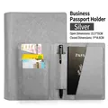 Silver cross-grain PU leather passport cover with card slots and pen holder - Silver