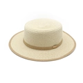 Cappello di paglia a testa piatta beige con bordo marrone e fascia decorativa estiva - M (56-58cm) / Beige