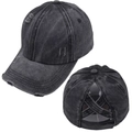 Detail of washed cotton baseball cap with criss-cross elastic ponytail hole design - Black and Gray