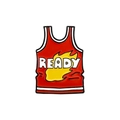 Spilla smaltata maglia basket rossa con design a fiamme e scritta READY in rilievo - Maglia Rossa-READY