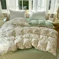 Floral washed cotton duvet cover set with green and cream reversible botanical pattern - Spring Awakening