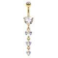 Goldener Bauchnabelpiercing mit großem Zirkonia-Herz und drei hängenden Kristallen - Stil 22 Gold