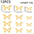 Set of 12 gold 3D hollow butterfly wall stickers with intricate laser-cut patterns - Style D-12Pcs/Pack