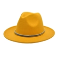 Detail of a bright yellow wide brim fedora hat with a slim silver metallic band accent - Yellow
