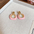 Detail shot of pink U-shaped floral earrings with gold accents on a textured jewelry tray - Gold & Pink Color Block Geometric Drop (7# Silver Earring Post - Pink)